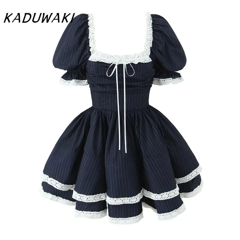 KADUWAKI Navy White Striped Spliced Lace Collar Ball Gown Dress Puff Sleeve Retro Women Ruched Waist Lacing Up Back Cake Dresses