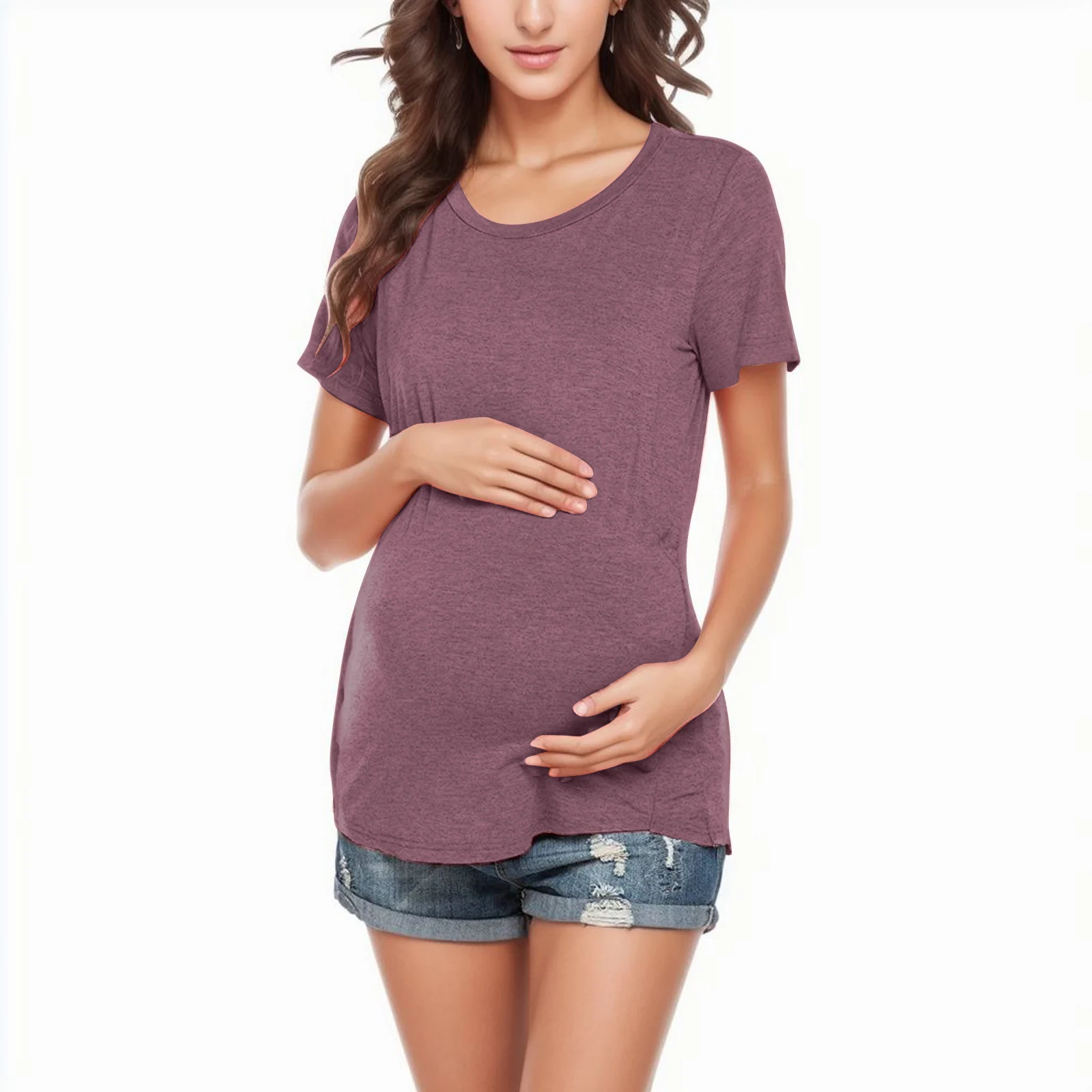 Schwangere Frauen T Shirt Mutterschaft Sommer Kurzarm Seite Taste Crew Neck Tees Einfarbig Pflege Tops Für Stillen Neue – Detail 14