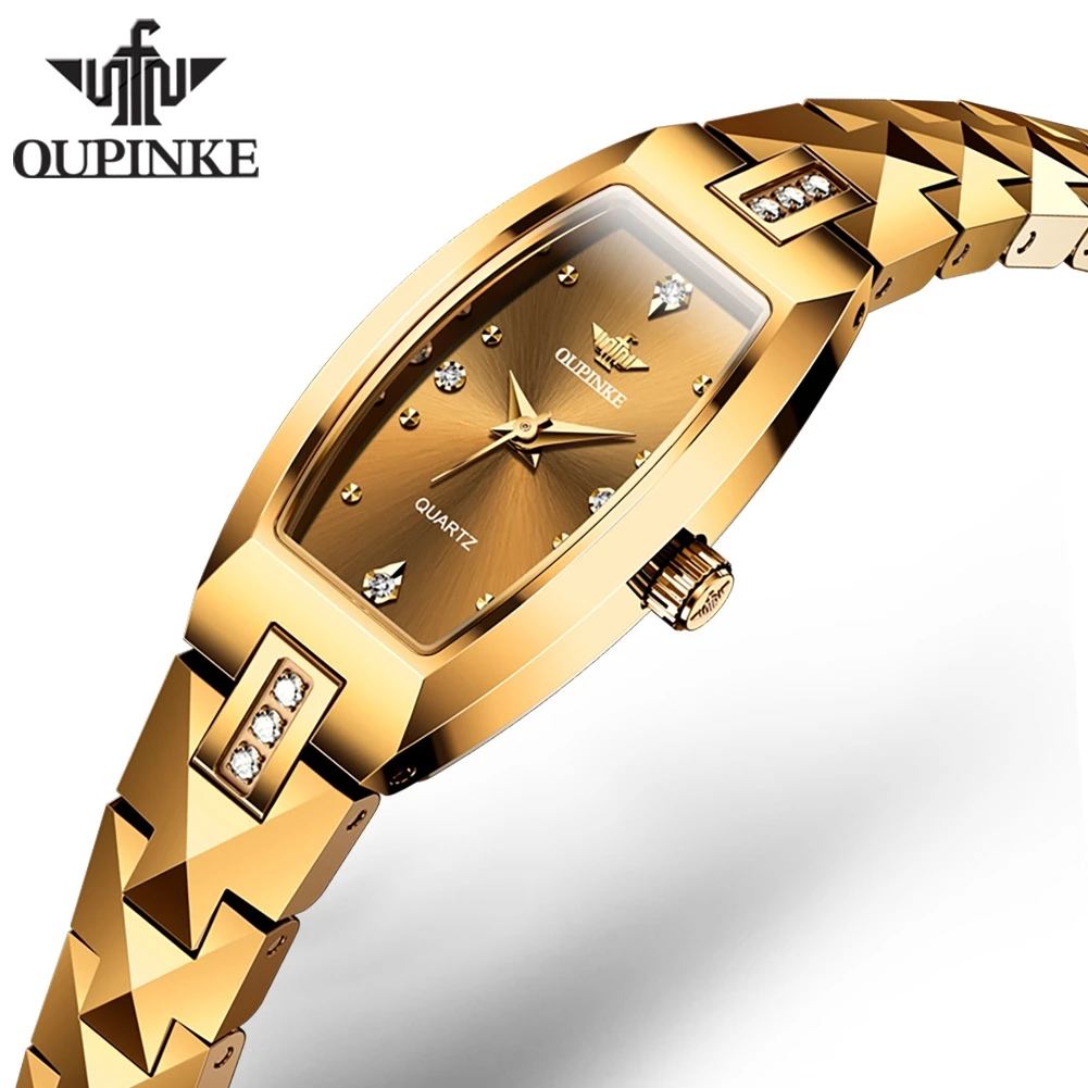 

OUPINKE Swiss Movement Gold 7.5mm Dial Square Women's Watch Tungsten steel Waterproof Sapphire Mirror Quartz Watch for Women