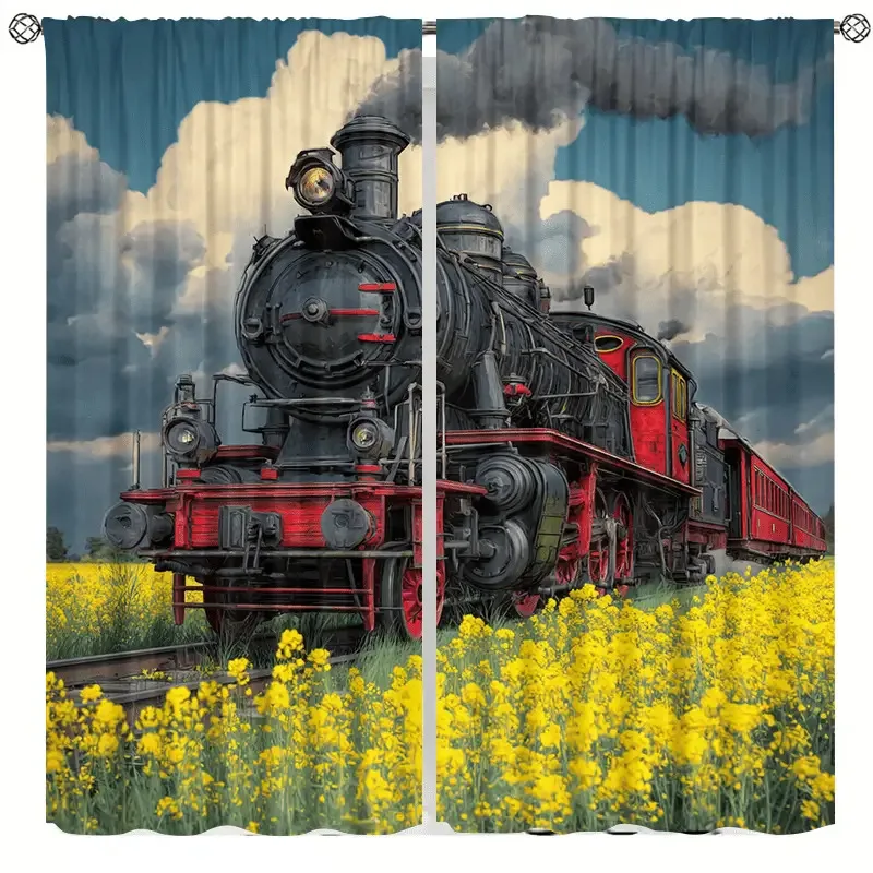2pcs set, polyester fiber material high-definition digital steam train print blackout curtains, suitable for bedroom, living