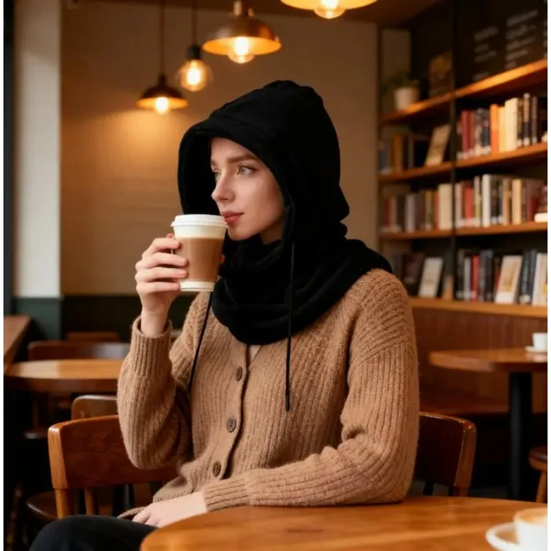 Penutup kepala musim dingin rajutan unisex, penutup wajah dengan tali pengikat, penutup kepala sepeda motor, topi rajutan hangat untuk cuaca dingin.