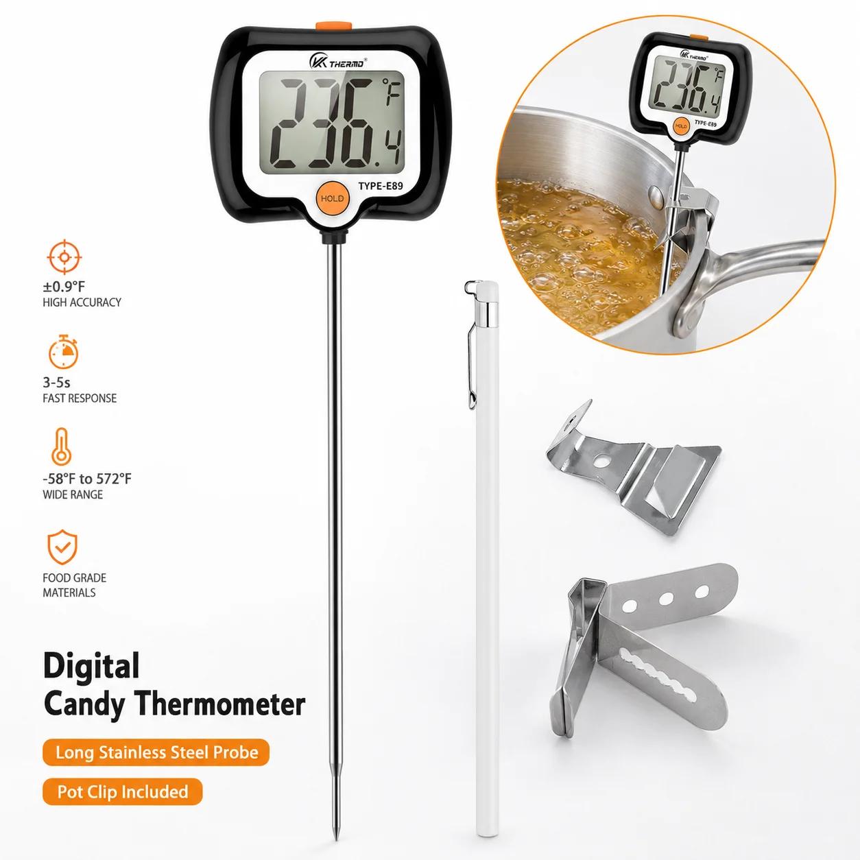 Digital Candy Thermometer Instant Read Cooking Thermometer with Pot Clip Long Stainless Steel Probe for Deep Frying Sugar Yogurt Jam