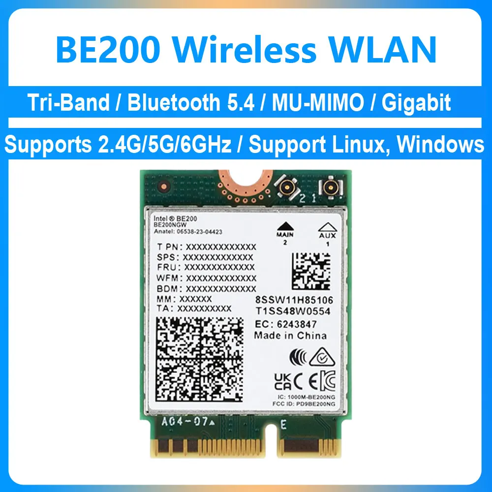 Intel BE200 Gigabit Tri-Band Wireless WLAN Card 2.4G/5G/6GHz WiFi7 Bluetooth 5.4 M.2 MU-MIMO IEEE 802.11