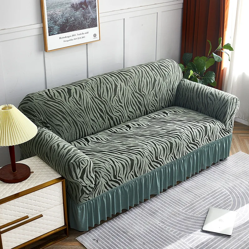 Cationic Thickened Sofa Cover with Skirt 2026 Solid Striped Jacquard Couch Slipcover Soft Dust-Proof Elastic Furniture Protector