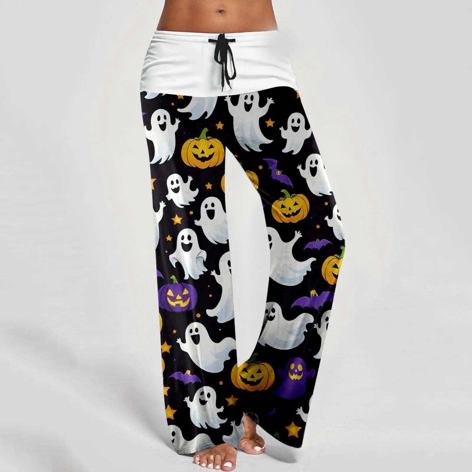 

Halloween Women's Classic Casual Print Drawstring Patchwork Comfortable Wide Leg Solid Pant Women Pants Set Two Piece Casual