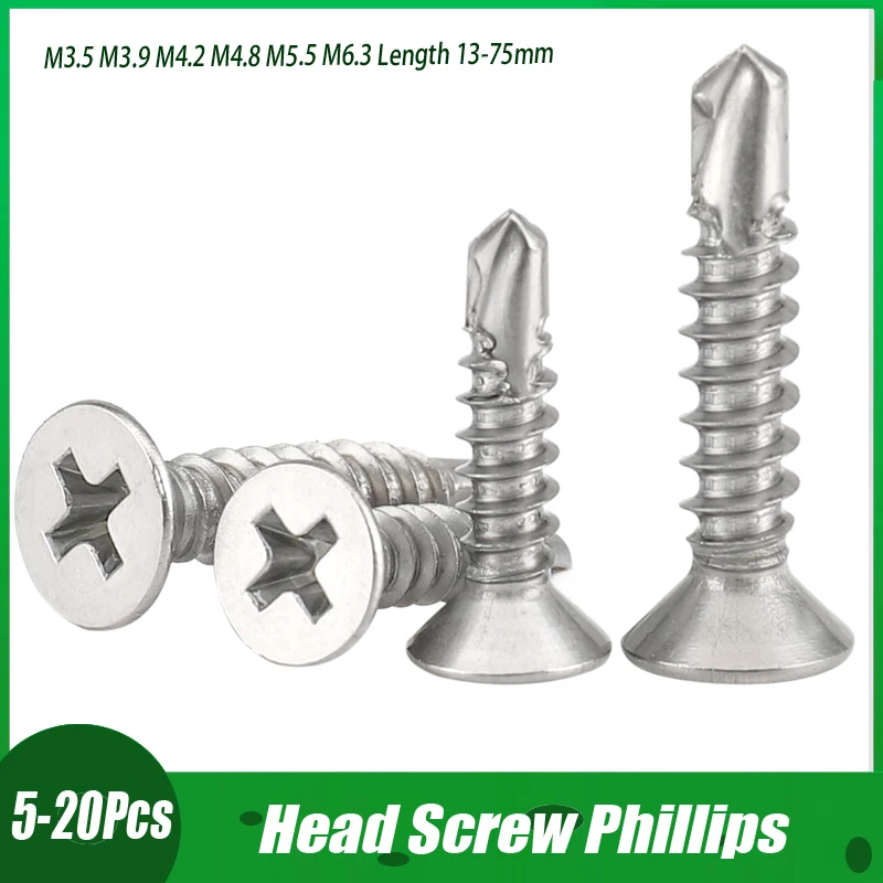 

M3.5 M3.9 M4.2 M4.8 M5.5 M6.3 Cross Countersunk Head Screw Phillips Slotted Self-Tapping Drill Tail Screws L=13-75mm 410 Stainle