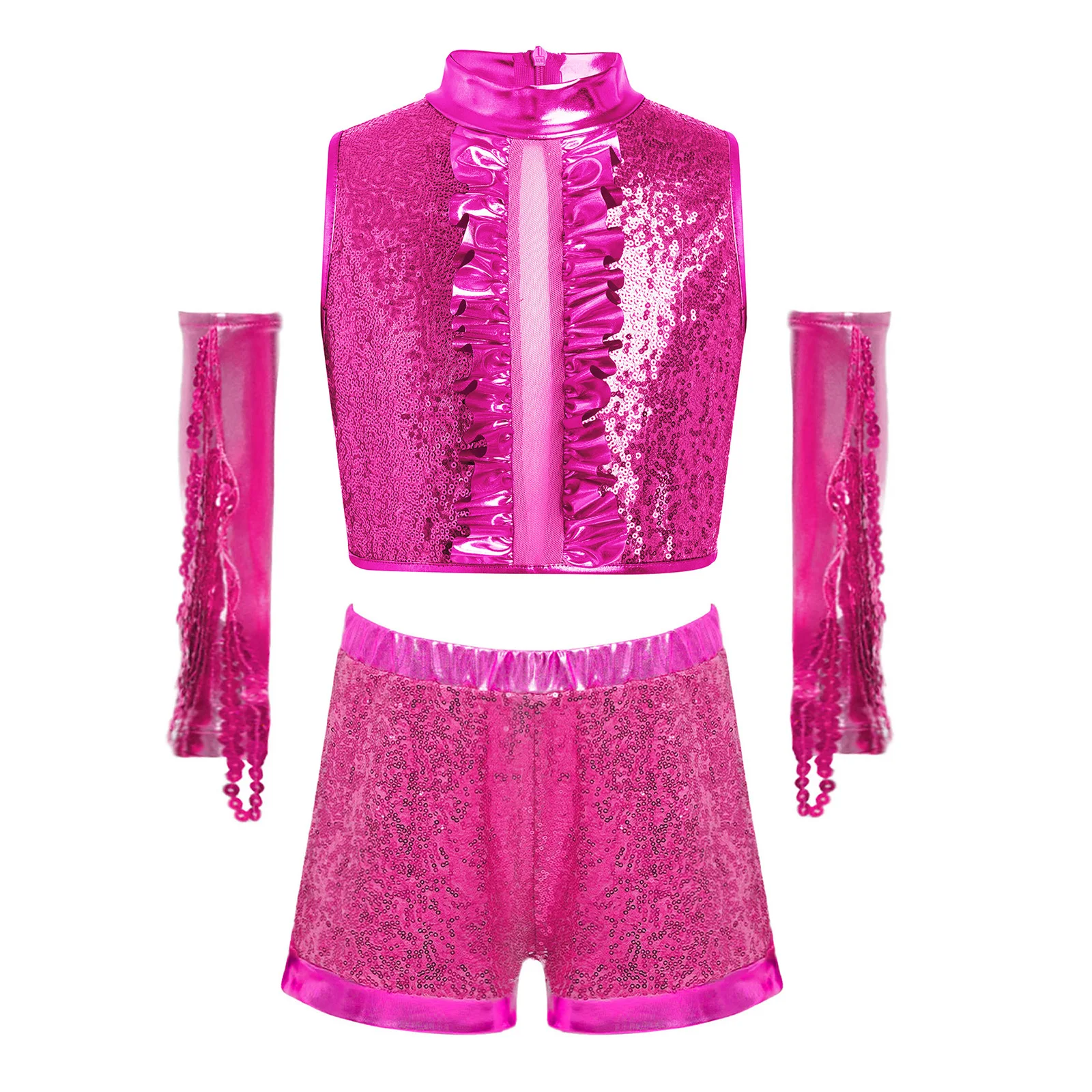 Kids Girls Sequined Hip Hop Jazz Dance Costume Performance Sparkling Tassels 80s 70s Disco Outfits Metallic Fashion Streetwear