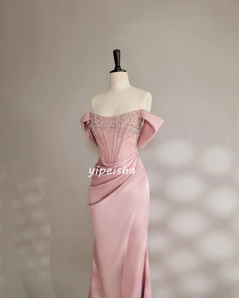 Customized Exquisite Jersey Sequined Pleat Ruched A-line Off-the-shoulder Strapless Long Dresses Cocktail Dresses Classic Modern