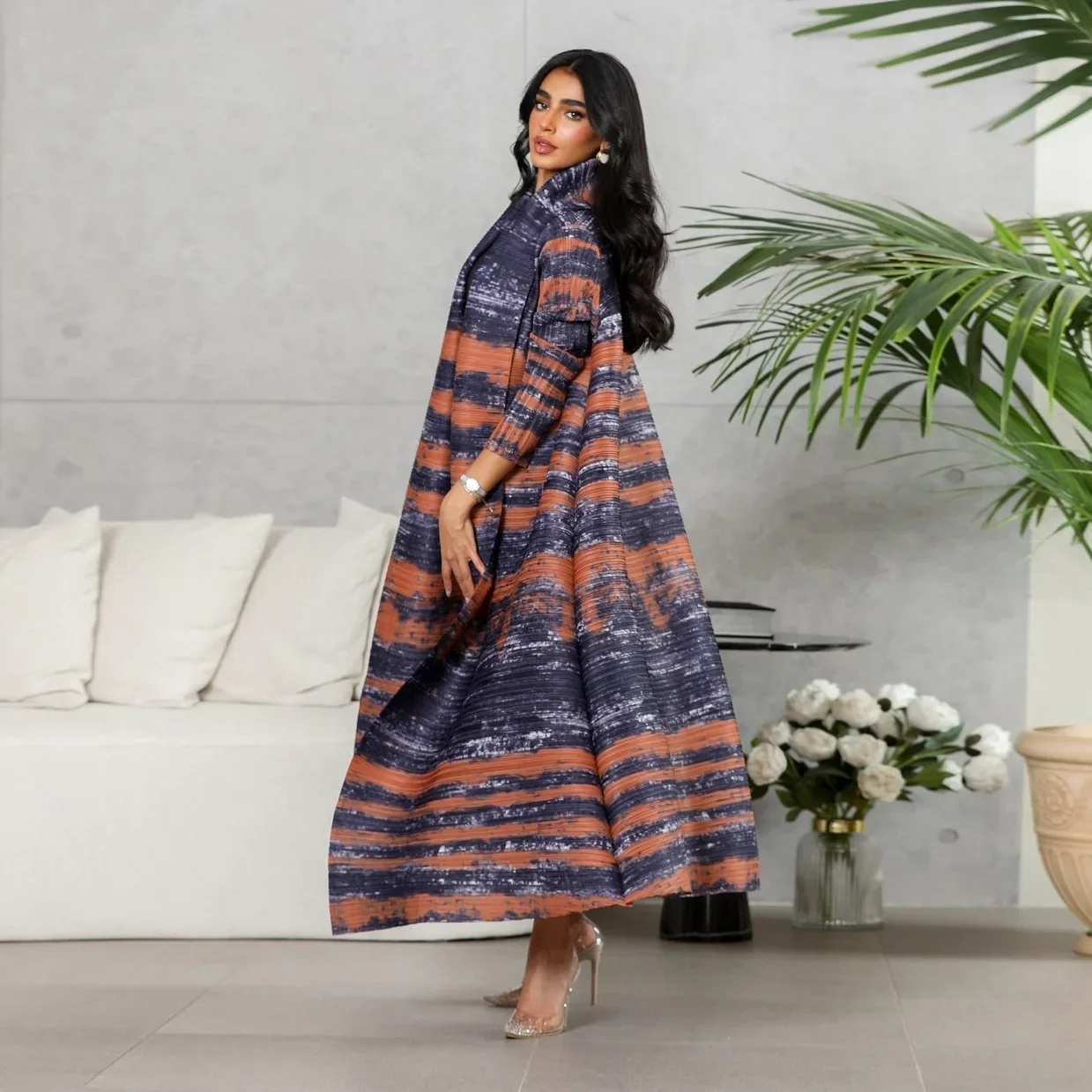 2025 Abaya Pleated Muslim Dress Women Gown Print Fashion Cardigan Kimono Jalabiya Turkey Kaftan Eid Ramadan Islam Clothing Robe