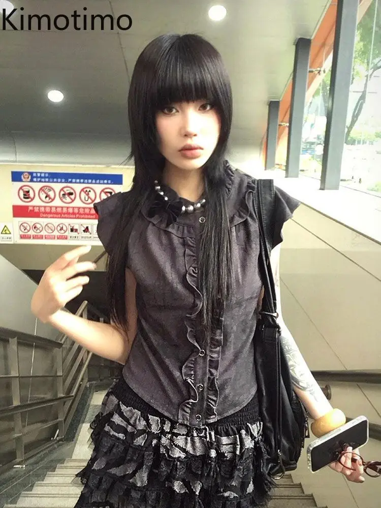Kimotimo Subculture Punk Ruffle Short Sleeve Shirt Women Summer Retro Button Slim Fit Waist Crop Top Harajuku Y2k Gothic Blouse