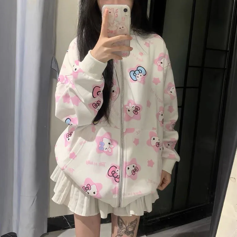 Sanrioed Hello Kittys Cartoon Zipper Hooded Sweatshirt Girls Hoodie Kawaii Lolita Jacket Loose Harajuku Outerwear Women Clothing