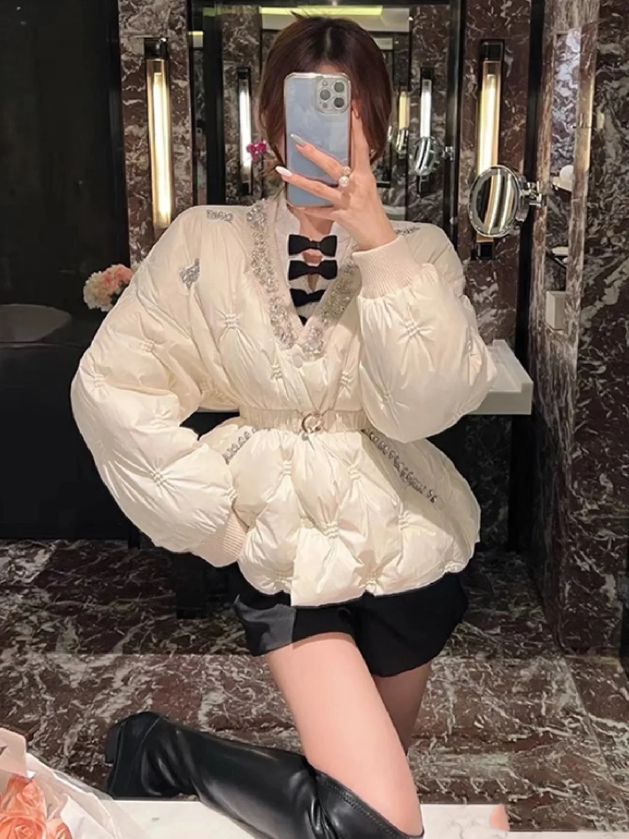 

Зимний короткий хлопковый пуховик с ромбовидным v-образным вырезом, женский толстый теплый паркер, верхняя одежда, женские свободные куртки на белом утином пуху с поясом