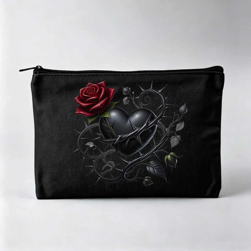Women's Rose and Thorn Heart Print Makeup Bag, Gothic Style Cosmetic Pouch for Daily Use