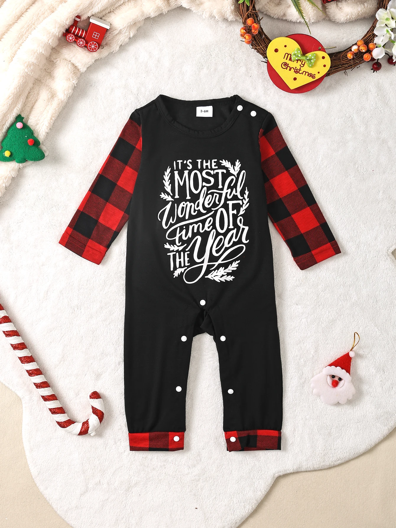 

Black Red Plaid Long Sleeve Romper Festive Slogan Print Casual Comfortable Fit Jumpsuit for baby.