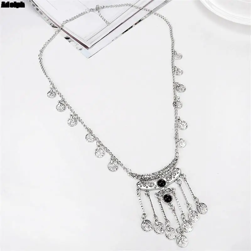 New Fashion Bohemian Coin Necklace Women Girl Alloy Vintage Long Stone Tassel Necklace Sweater Chain Pendant Jewelry Gifts 2022