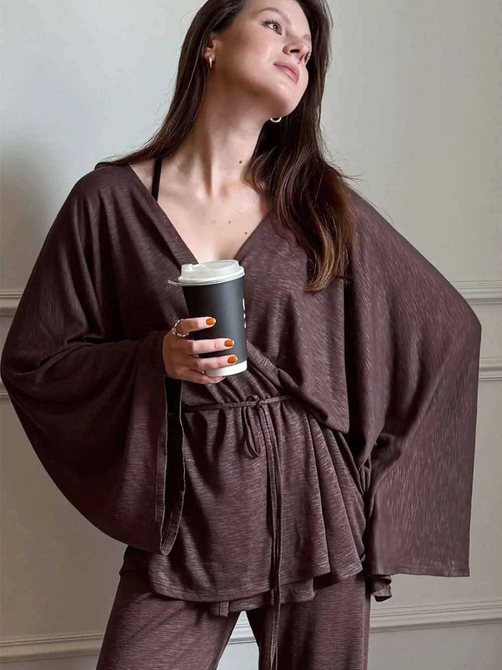 Faul Stil Modal Pyjama Anzug Herbst und Winter Frauen Einfache Feste Lose Weiche Warme Casual Lace Up Strickjacke Breite Bein Hosen 2 stücke