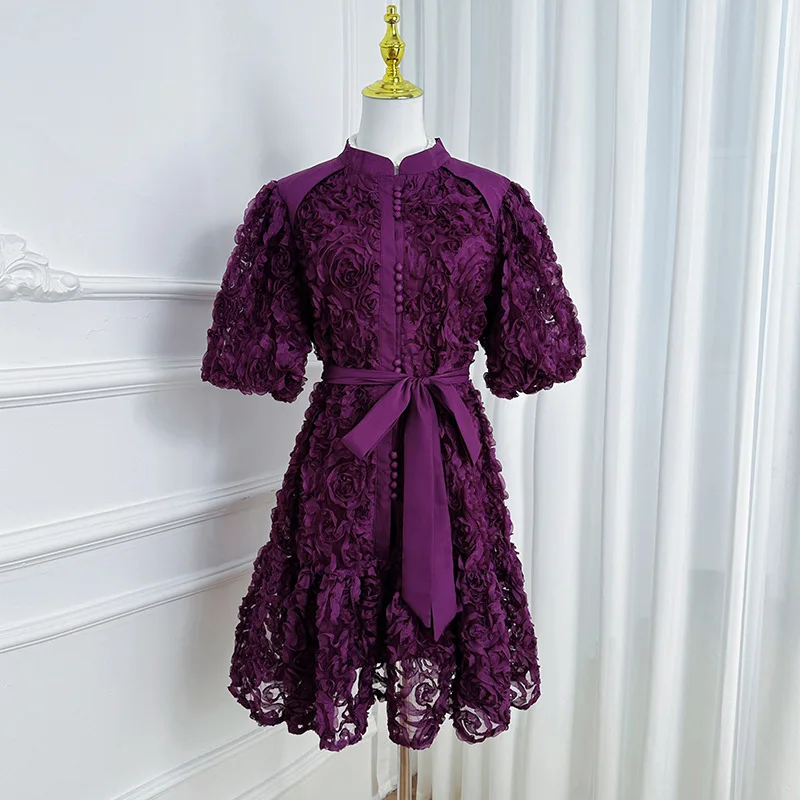 Luxe 3D Bloem Prom Formele Jurk Vrouwen Zomer Herfst Losse Big Size A-lijn Geplooide Single Breasted Midi Lange Feestjurken