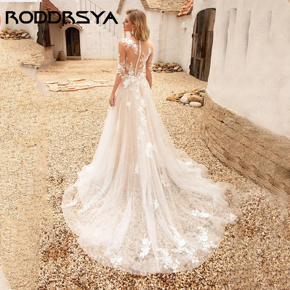 Roddrsya Champagne clair robe de mariée 2024 o - cou manchRODDRSYA-Robe de mariée champagne clair, robe de mariée A-Line, robe de mariée moderne, col rond, manches 2024, fête de la mariée, quelque chose d'applique, 3/4