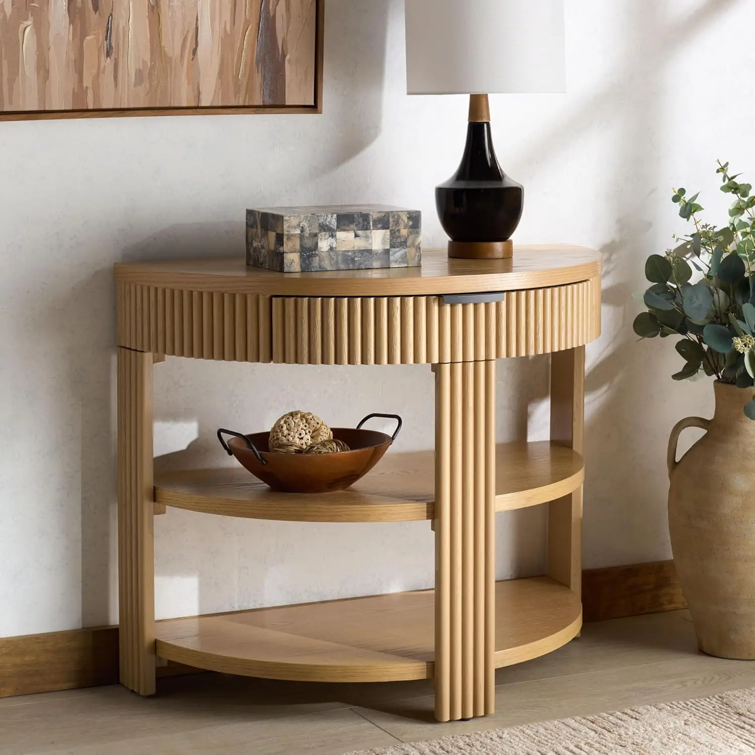 Oak Brown & Black 1-Drawer 2-Shelf Reeded Half Moon Console Table, Customized