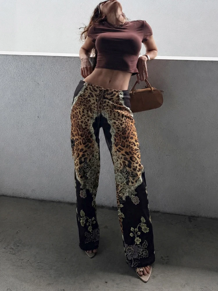 Sisterlinda Flower Leopard Print Pants Women Hottie Trend Drawstring Midnight Party Streetwear Fashion Autumn Daily Chic Bottoms