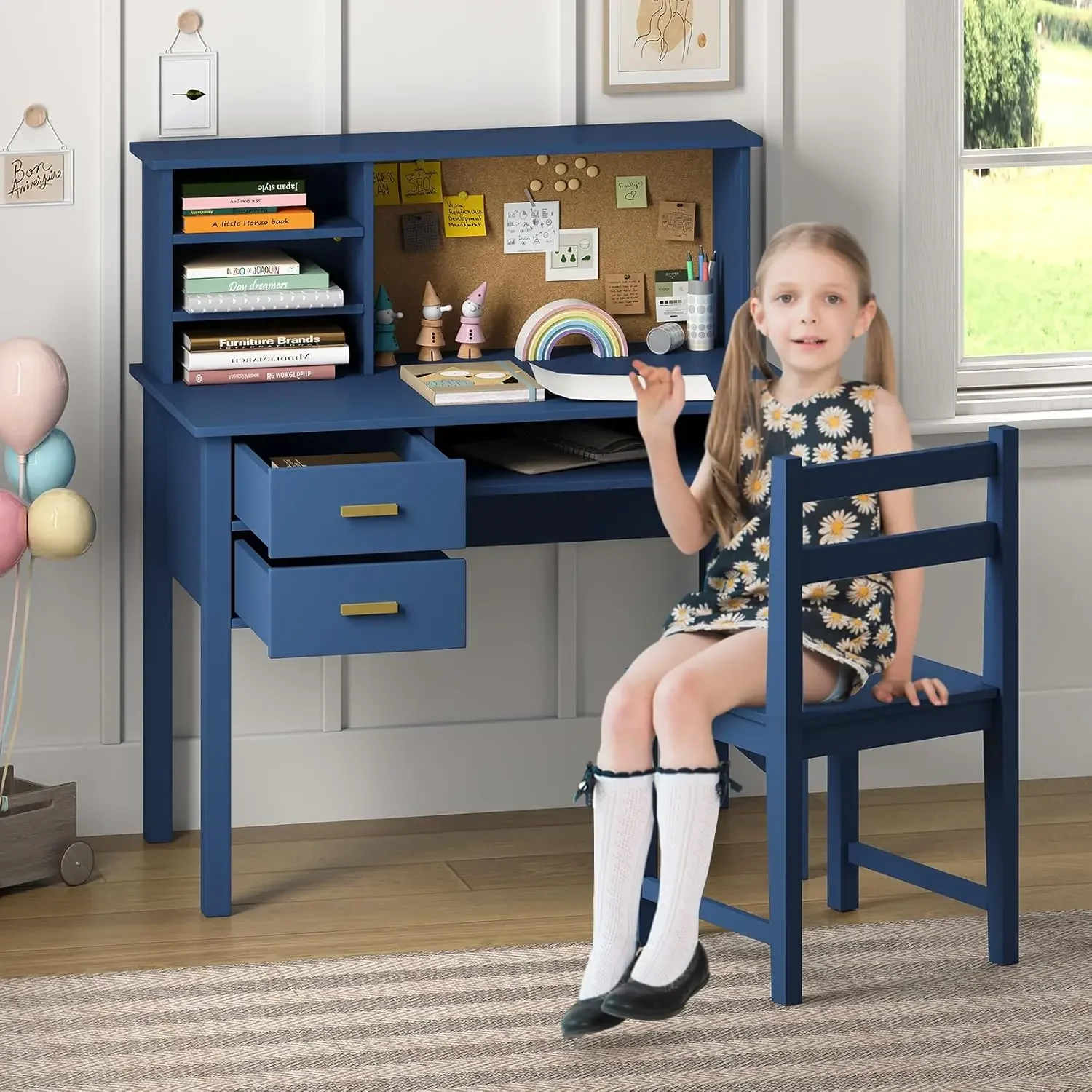 Kids Desk and Chair Set, Wooden Children Study Table with Hutch/Drawer & Bulletin Board, Student Study Desks Computer Desk