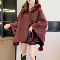 Chal de terciopelo de forro grueso para mujer, capa de bola de piel de conejo sintética, ropa de calle suelta, abrigo largo con botones de cuerno, 6 colores, Invierno