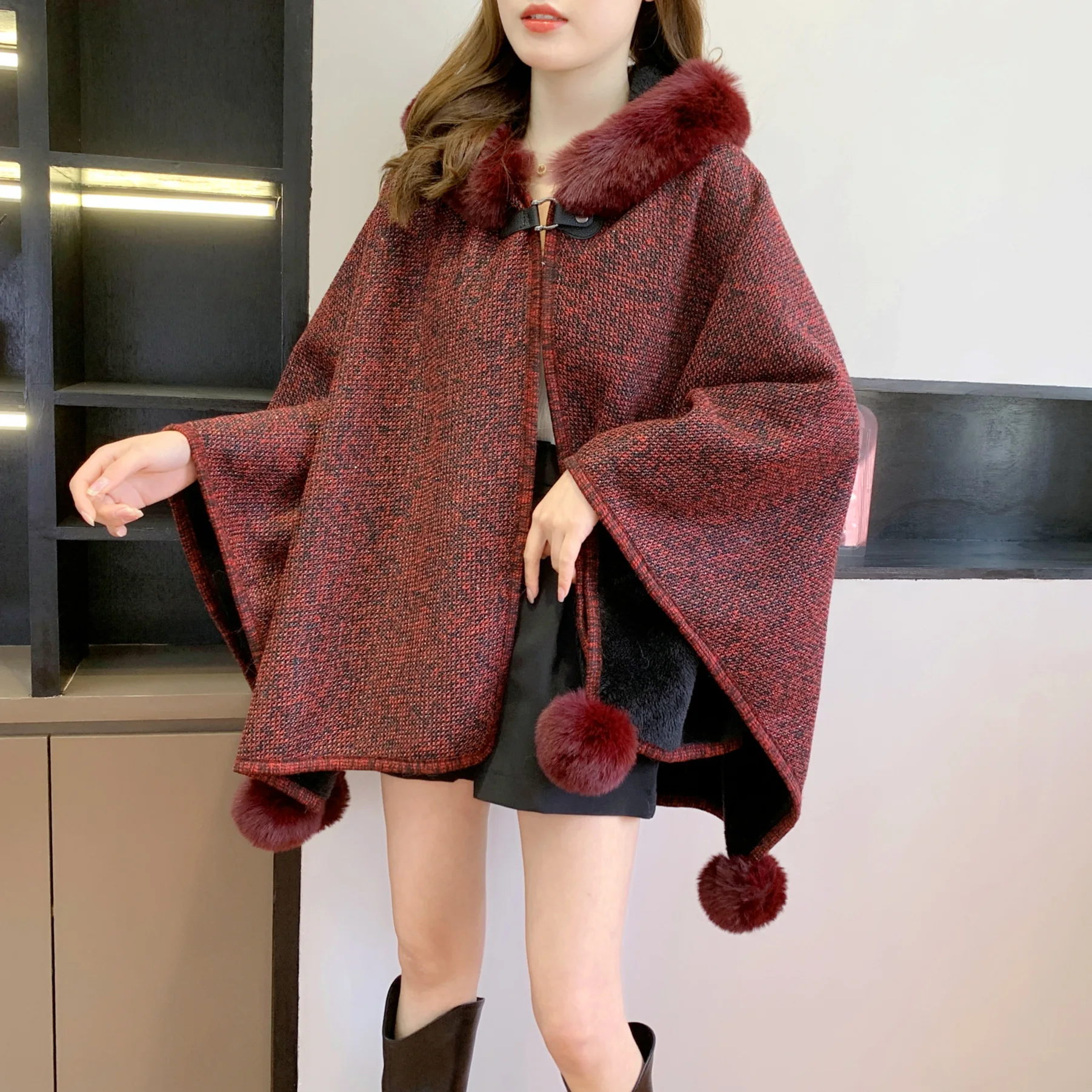 6 Colors Women Winter Thick Lining Velvet Shawl Capes Faux Rabbit Fur Ball Loose Streetwear Plus Long Female Horn Button Coat