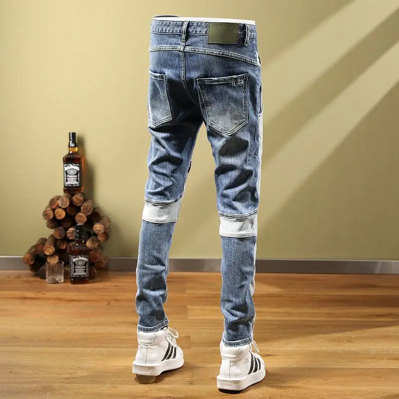 Trendy Brand 2026 Retro Splicing Men's Trendy Jeans Slim-fit Elastic Youth Locomotive Fashion Autumn Tactical Pants for Man