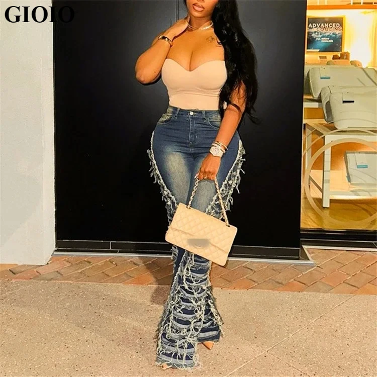 

GIOIO Women Autumn Hipster Retro Denim Straight Pants High Waist Washed Long Pant With Tassel