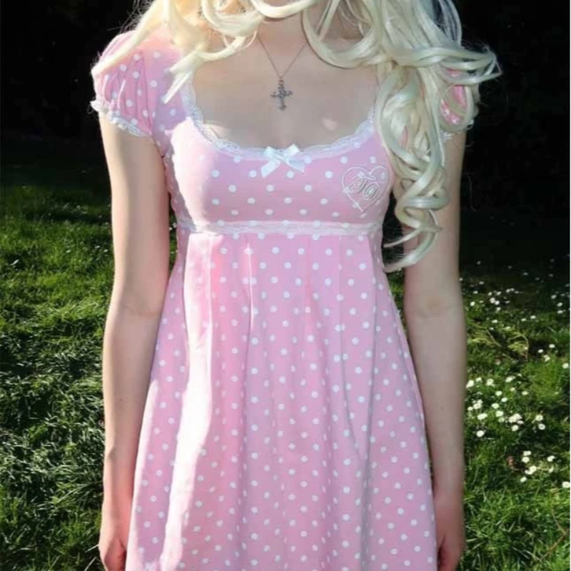 Pink Polka Dot Mini Dress for Women with Lace Trim Puff Sleeves Heart Embroidery Sweet Lolita Style A-Line Short Sundress for Su