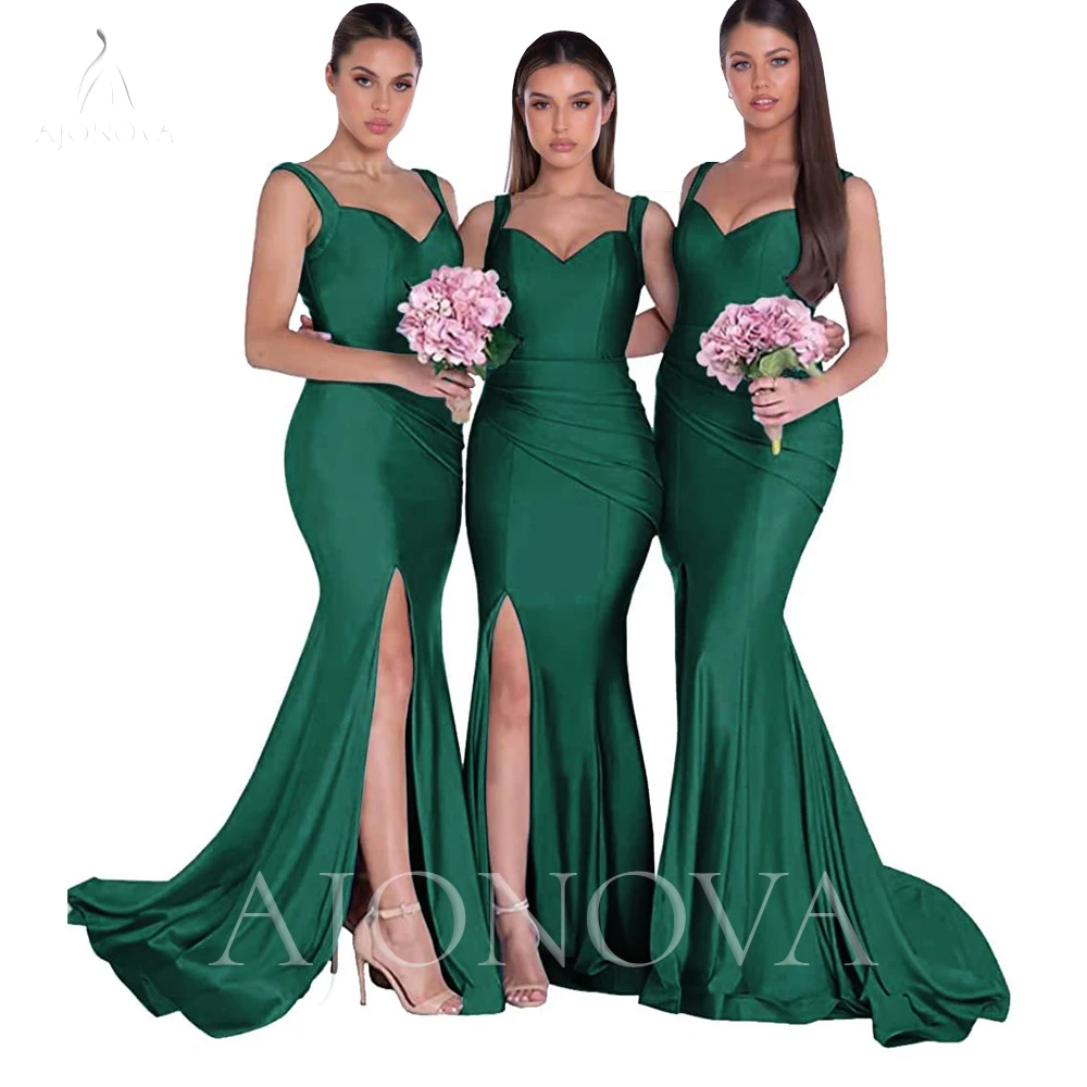 Emerald Green Satin Party Dress for Wedding Evening Dress for Wedding Party Formal Spaghetti Straps Side Split Elegant Gowns