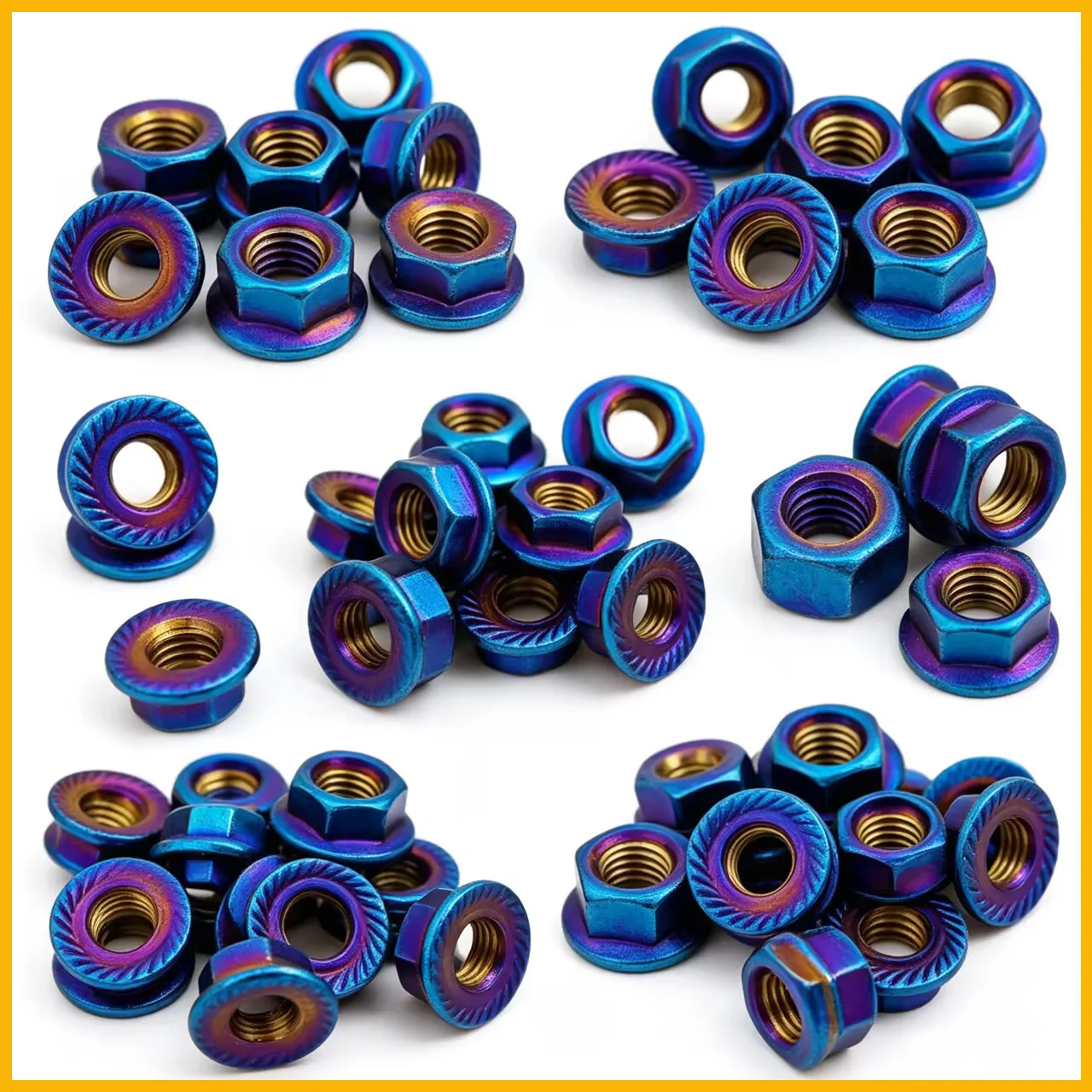 5pcs Stainless Steel Hex Nuts | M5/M6/M8/M10, Vibrant Blue, Flange Locking Nuts, Purple and Orange Flame Design for Motorcycle
