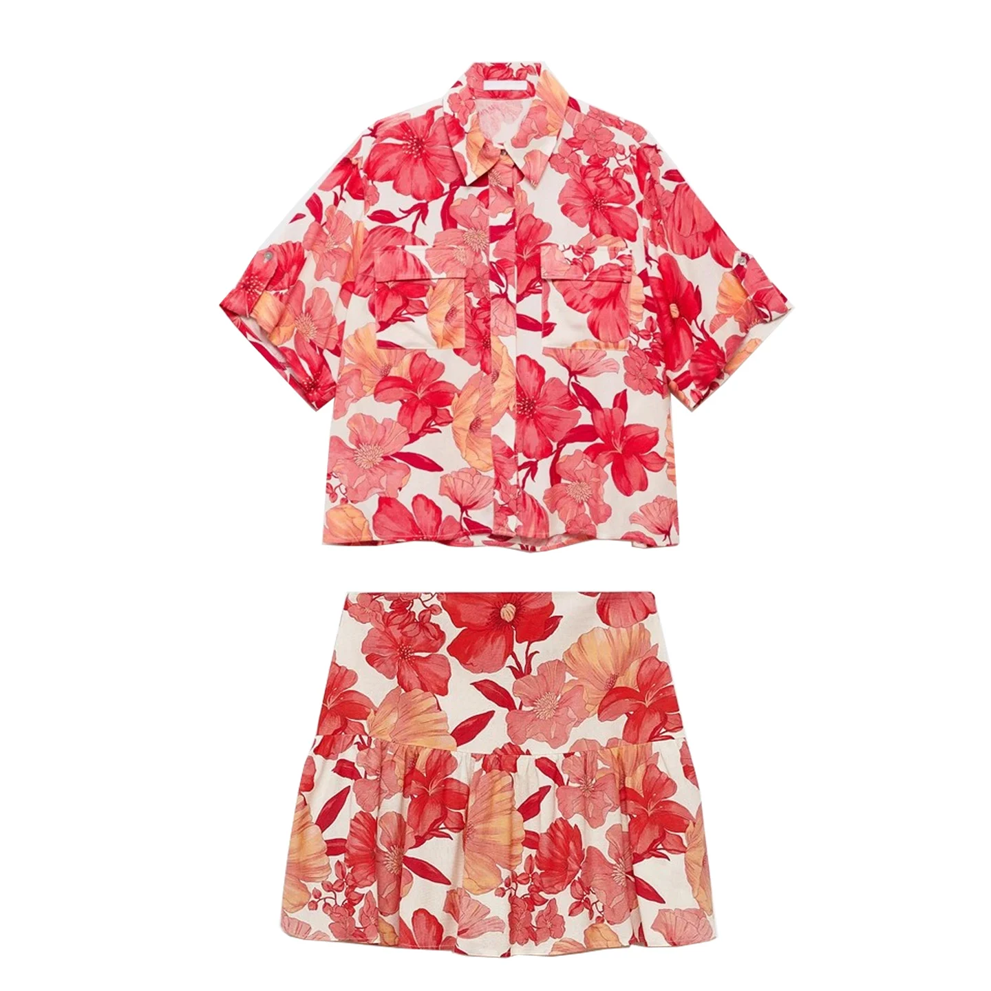 ชุดเซ็ตกระโปรงลายผสมผสาน เสื้อคอปกติดกระดุม แขนสั้น แฟชั่นฤดูร้อน 2025 เสื้อผ้าผู้หญิง