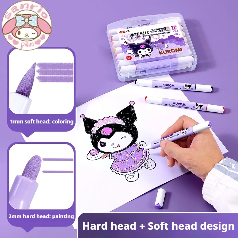 Sanrio Kuromi Cartoon Acrylic Marker Paintbrush For Kindergarten Students Stackable Double Head Children'S Color Pen Set Gifts
