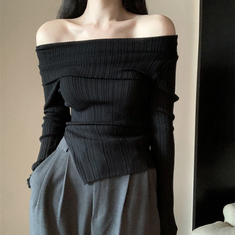 Women Pullover Autumn Split Irregular Off Shoulder Tops Black Slim Fit Long Sleeve Underlay Knitted T Shirt Sweater Female New