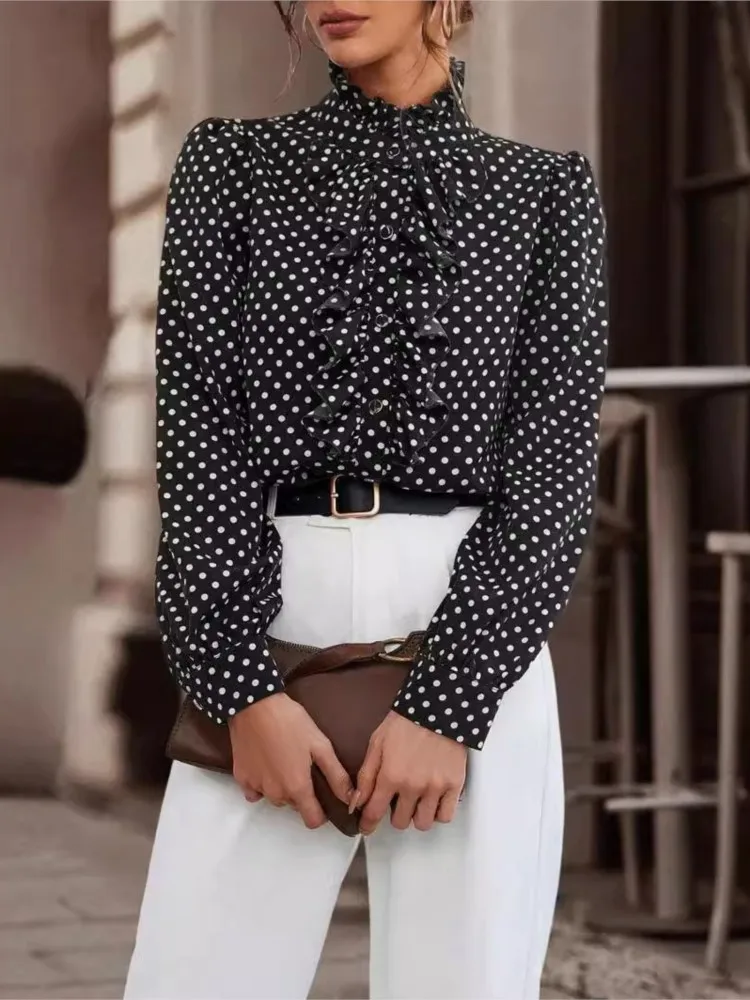 Women Vintage Polka Dot Print Shirt Elegant Tops 2024 Autumn New Fashion Ruffles Patchwork Stand Neck Long Sleeve Shirts Blouses