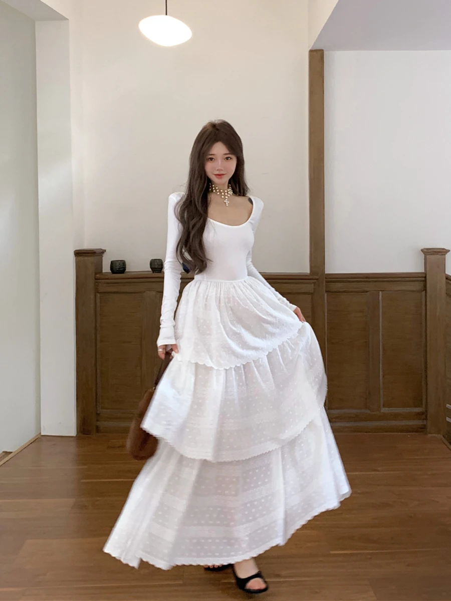 ชุดเดรสยาวหรูหราผ้าแจ็คการ์ดสีขาวแต่งระบายสำหรับผู้หญิง ฤดูใบไม้ร่วง ฤดูหนาว ชุดเดรสทรงระบายหรูหราสไตล์เกาหลี ปี 2025 ชุดเดรสเข้ารูปสำหรับงานปาร์ตี้