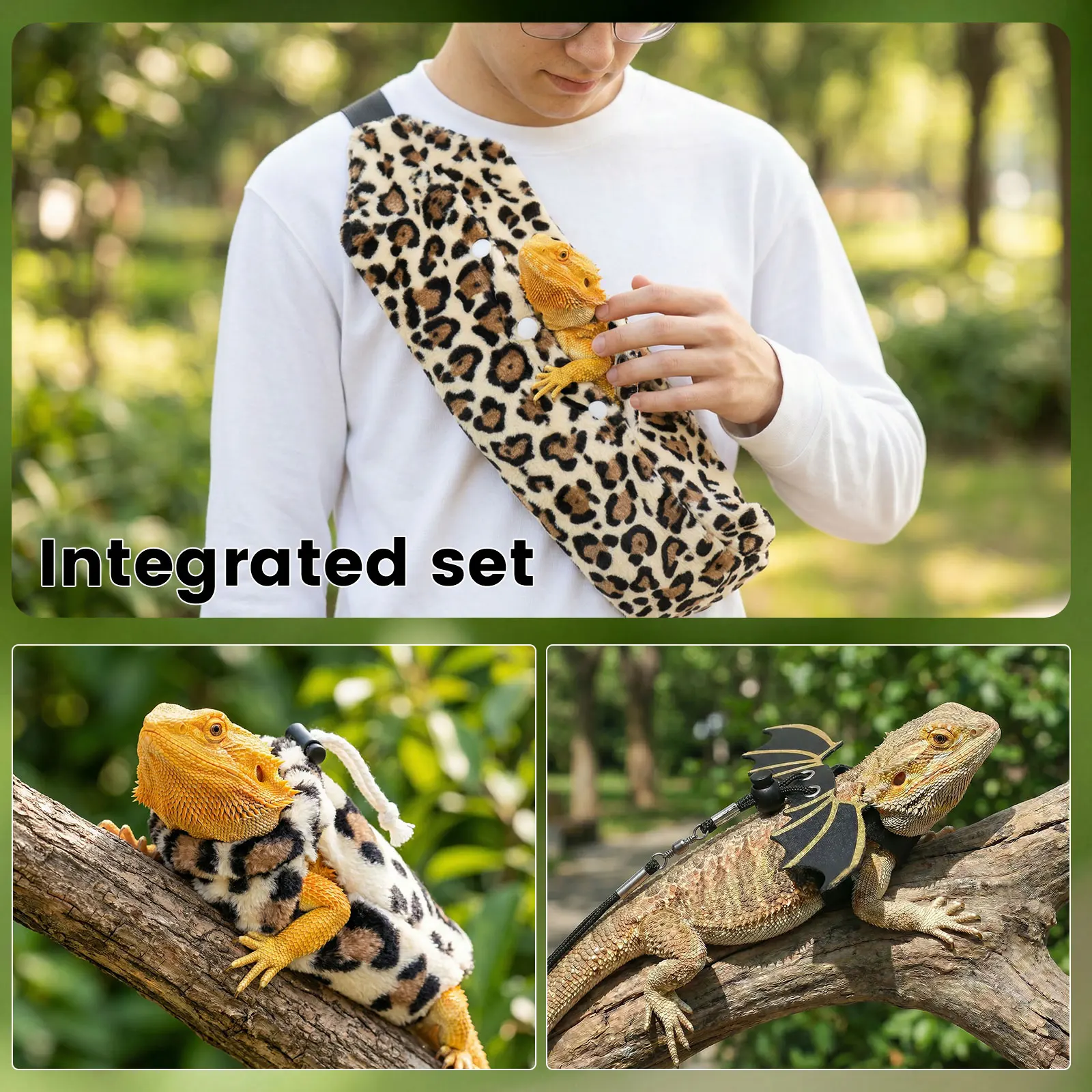 3 Piece Set Bearded Dragon Lizard Leash Harness Clothes Reptile Small Pet Backpack with Wings Adjustable Carrying Travel Bag view 5