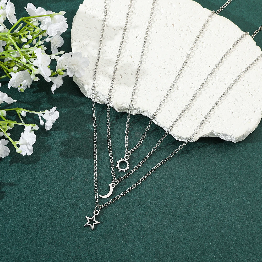 Fashion Creative Sun Moon Stars Necklace Hollow Pendant Jewelry Accessory for Best Friends and Couple Gifts