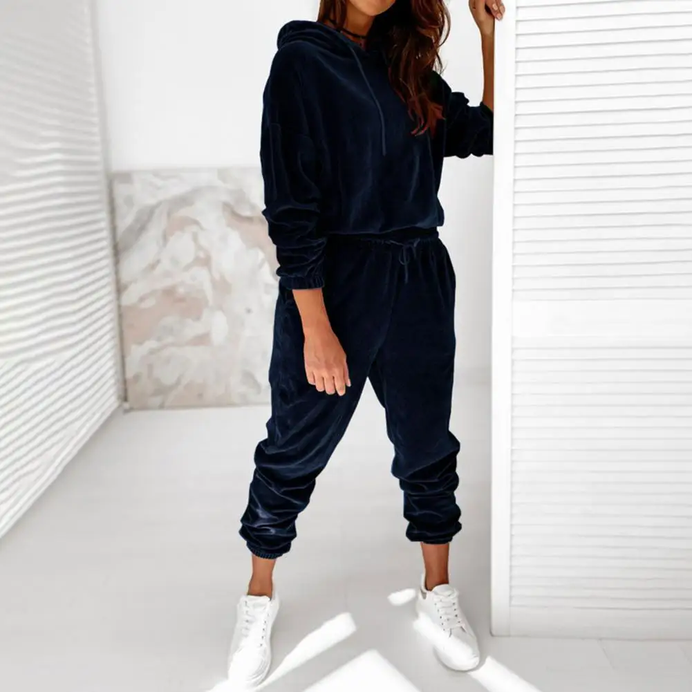 Stylish Hoodie Trousers Suit Long Sleeves Hat Ankle-length Hoodie Pants Set  Pockets Women Winter Tracksuit Lady Garment