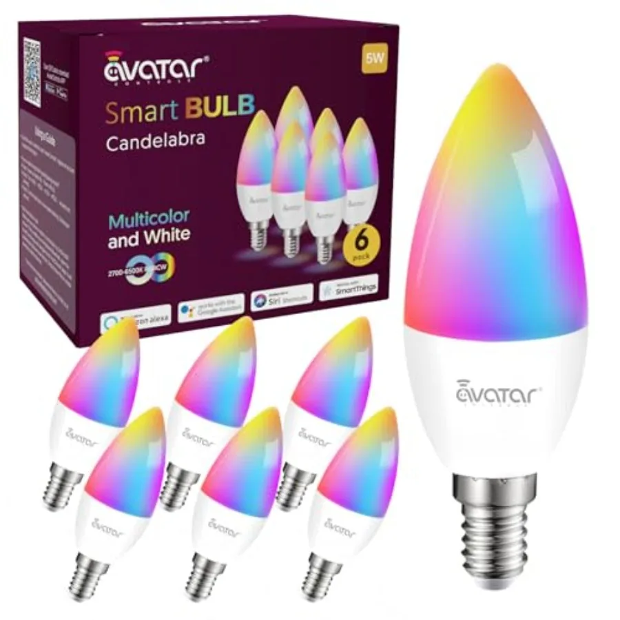 

Набор из 6 умных светодиодных ламп E12 RGB + регулируемый белый свет, тип B, синхронизация с музыкой, планирование и групповое управление, имитация свечи