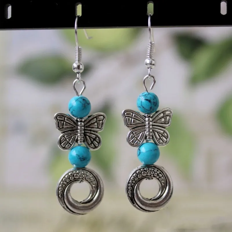 Bohemian Ethnic Style Distressed Butterfly Turquoise Circle Pendant Earrings for Women Fashion Jewelry Party Gifts