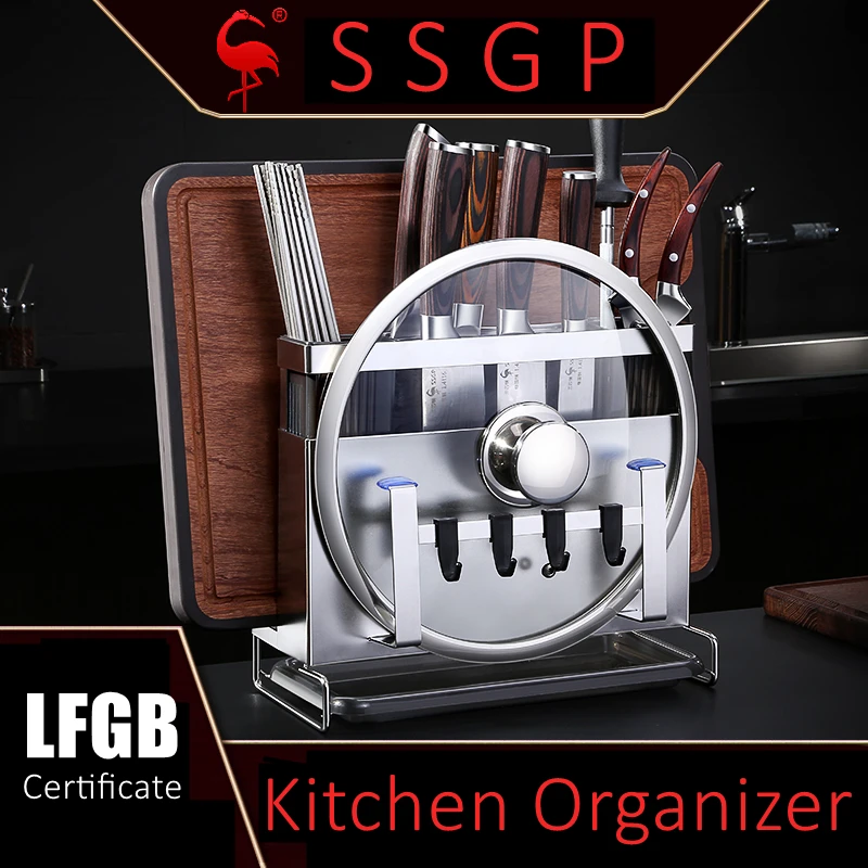 LFGB Certificated 304 Stainless Steel Kitchen Tool Organizer Knife Holder Placed or Hanging on Wall Cookware Storage Rack