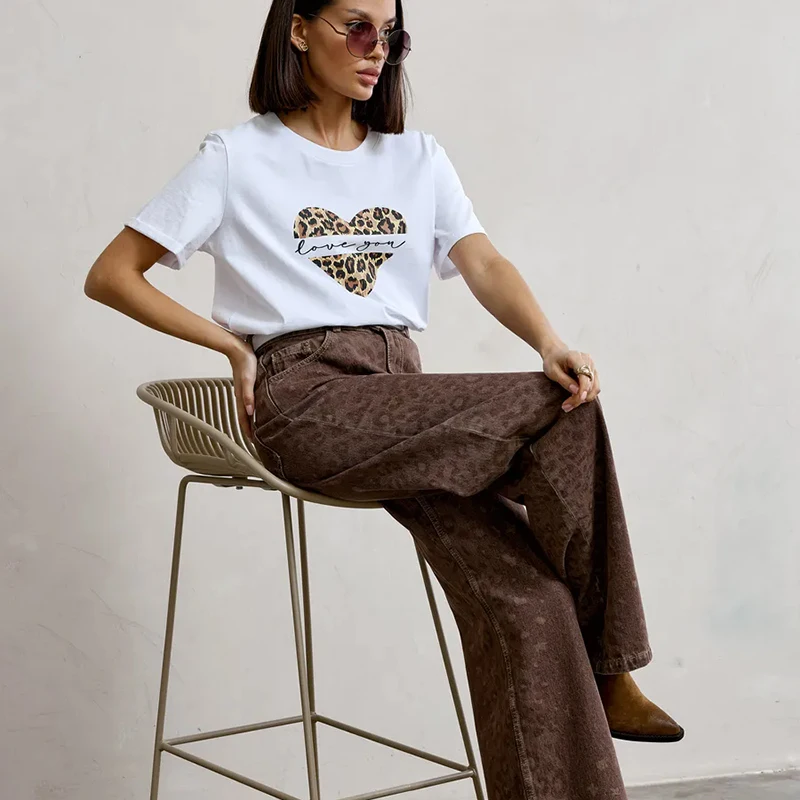 Women's Fashion Leopard Heart and Letter Print T Shirt Graphic Casual Summer Tshirt Crew Neck Short Sleeve T-shirt Clothes Girls