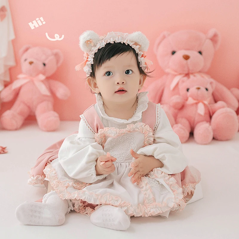 

1 Year Old Baby Girl Photography Clothing Cute Bear Headband + Princess Skirt Suit Children'S Photo Bear Doll Decoration Props