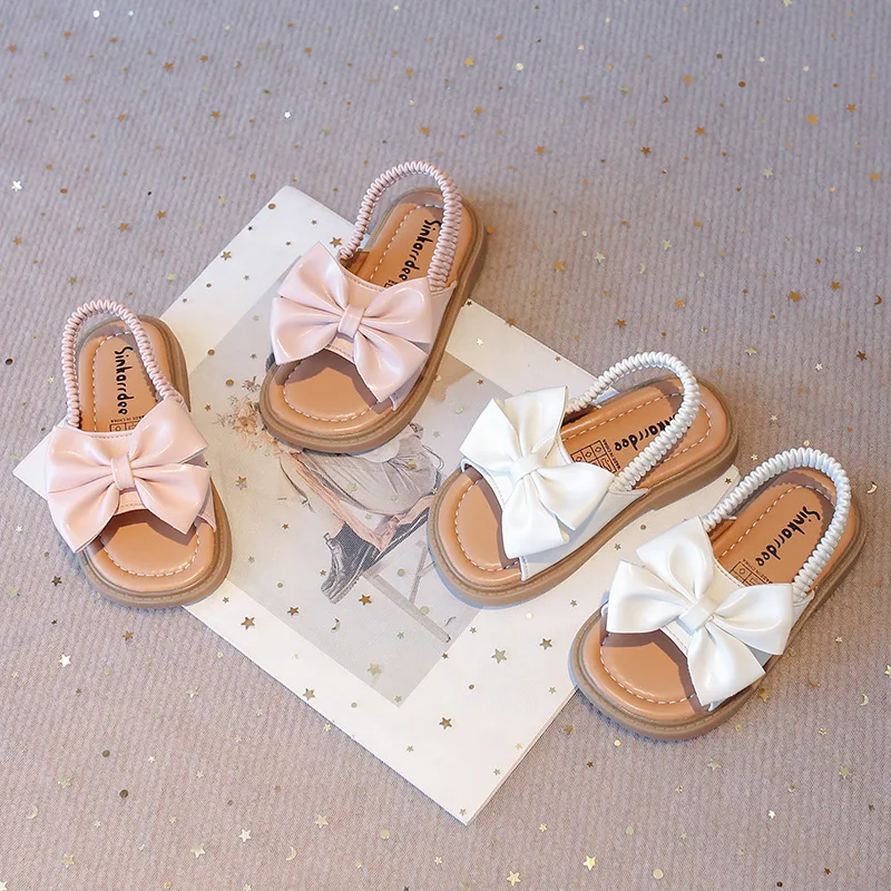 Kids Sandals for Girls 2025 Summer Girls Bow Design Sandals Children Beach Shoes Open Toes Flat Anti-skid Rubber Ankle Strap