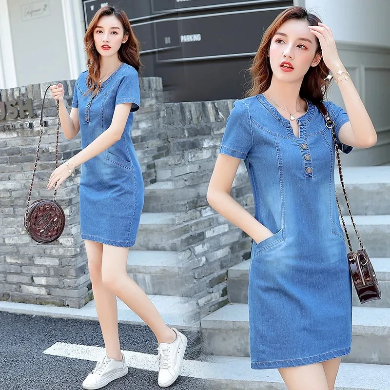 

2022 Summer Denim Dress Ladies Fashion Mini Denim Dress Women's Sundresses Short Sleeve Jean Dress V-neck Solid Denim Dresses