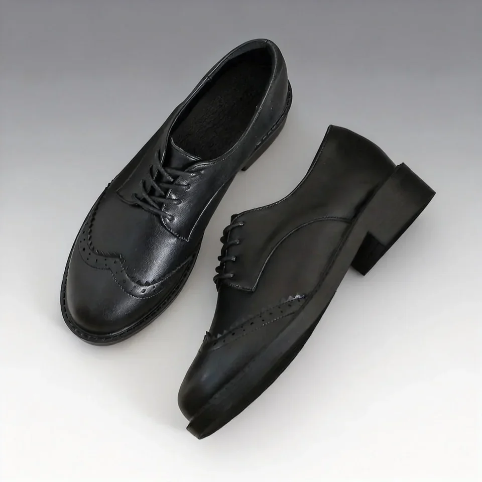 Damen Oxford Flats Brogue Leder Schwarze Büroschuhe Frühling Herbst Bequeme Außensohle Damen Ballett Derby Flats – Detail 9