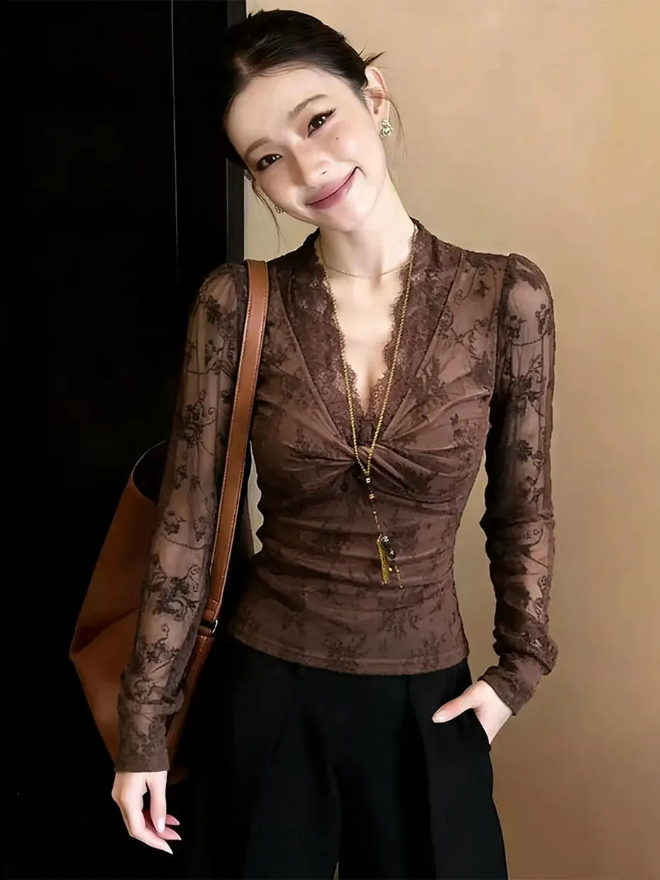 

Сексуальная кружевная блузка с V-образным вырезом, коротким и длинным рукавом, женская, осенне-зимняя, облегающая, из полиэфирной сетки, для вечеринок