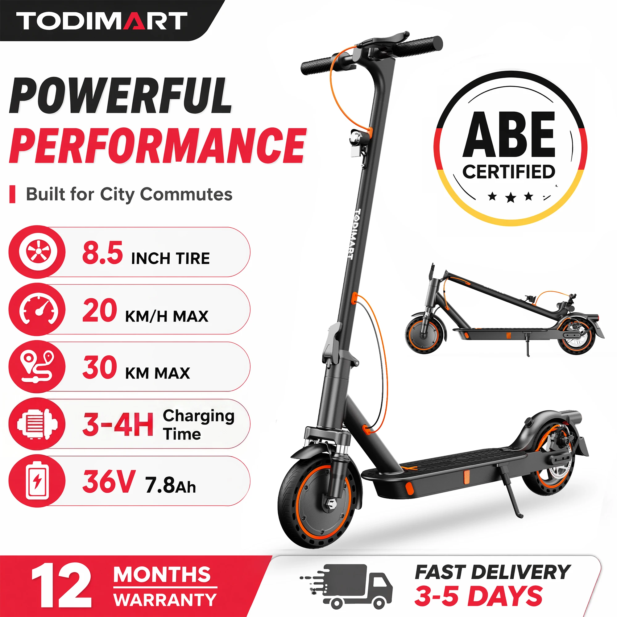 T3A ABE E‑Scooter Faltbarer Elektroroller, 25‑30km Reichweite Bürstenloser E‑Roller mit App‑Steuerung 8.5 Zoll Reifen Max 120kg Belastung E Scooter mit straßenzulassung